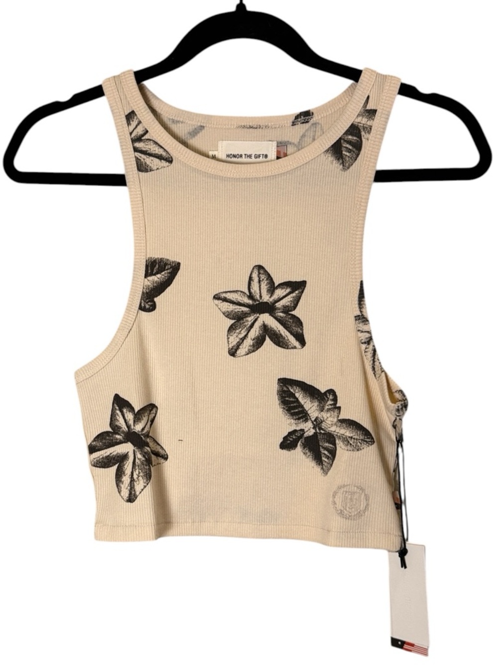 Honor The Gift Women’s Cream Black Floral Ribbed Baby Crop Y2K Style Tank sz M
